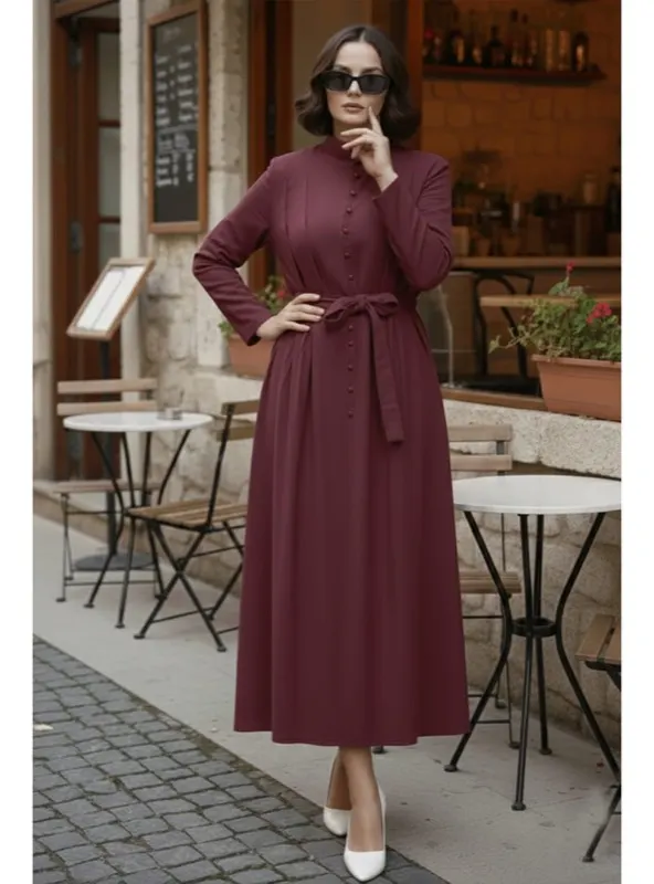 Düğmeli Elbise Bordo
