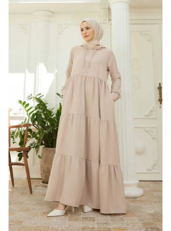 Kapşonlu Reglan Kollu Elbise - Bej
