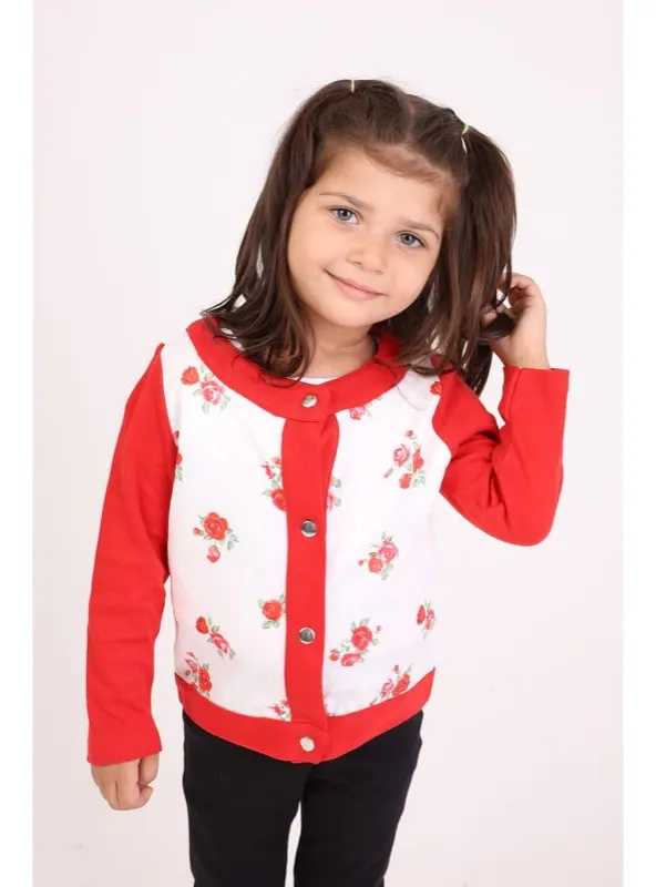 Bebek Hırka Çiçek Baskılı Kırmızı