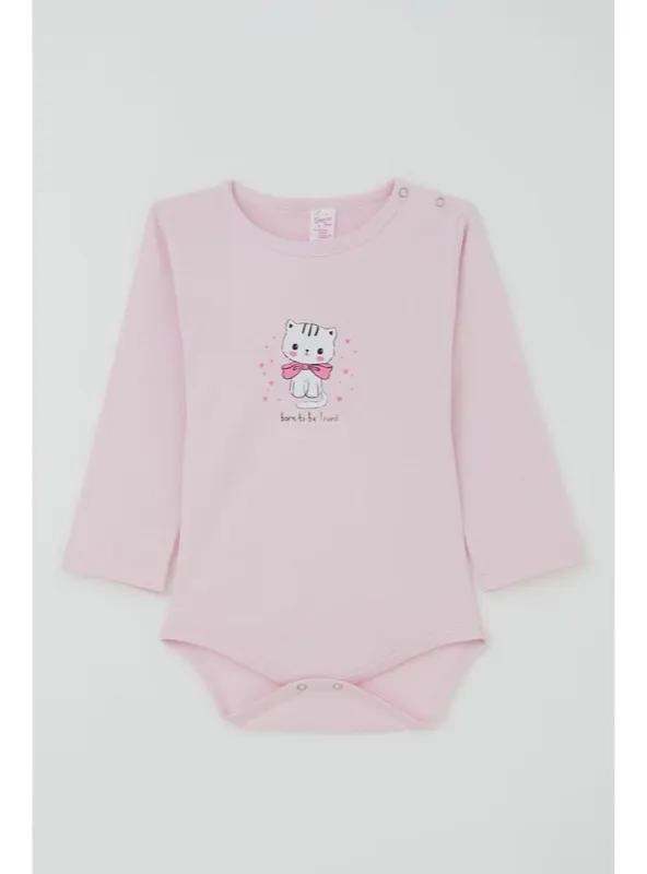Kız Bebek Kedi Baskılı Çıtçıtlı Zıbın Pembe