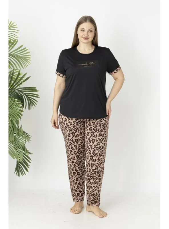 Kadın Kaplan Alt Desenli Kısa Kollu Soft Battal Pijama